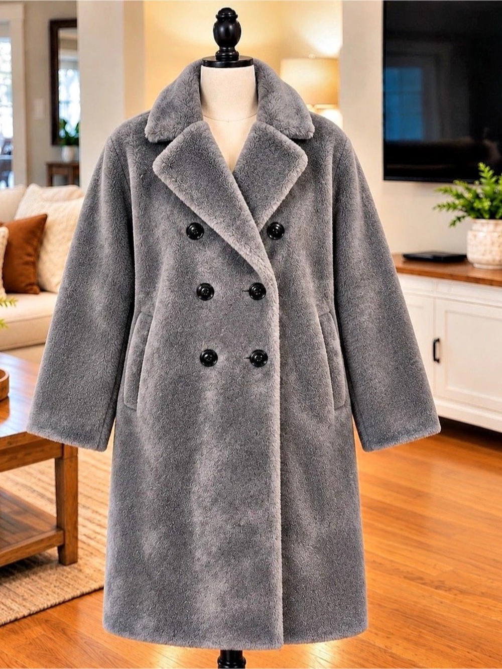 Rebecca Minkoff Faux Shearling Double Breasted Coat Gray XL